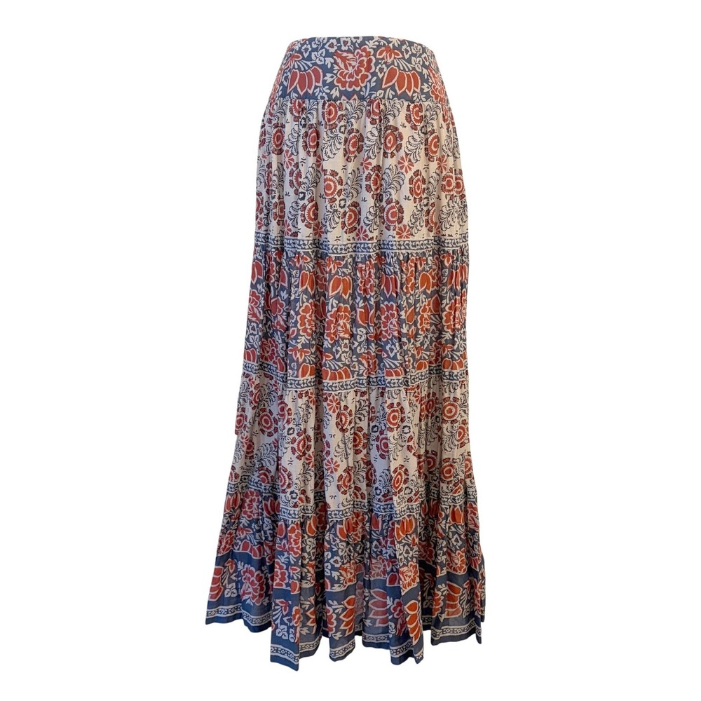 Sundance Tiered Maxi Skirt 4 Hippie Boho Block Print Floral Prairie 90s Cotton